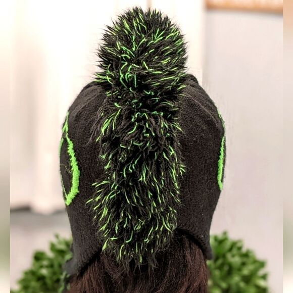 Neon Peace Sign Mohawk Knit Beanie Trapper Hat with Earflaps and Braided Tassels - Picture 4 of 7